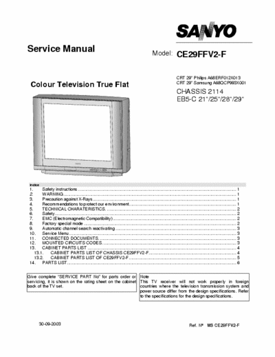 Sanyo CE29FFV2-F Service manual for CE29FFV2 & CE29FFV2-F. No schematic. Halfway through changes to service manual for CE25FV2-E model with details and voltages for that model and its 25" CRTs.